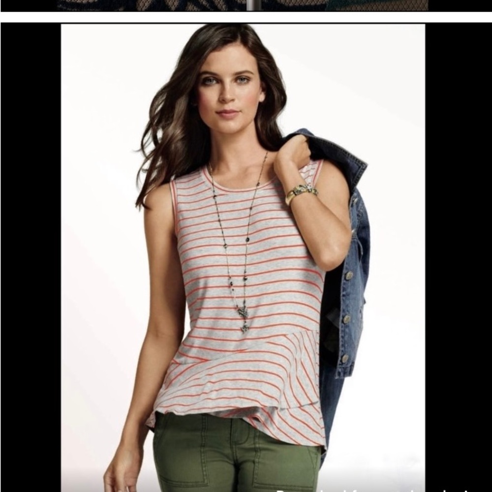 Cabi gray with orange sleeveless tank with rounded neck and peplum bottom.
